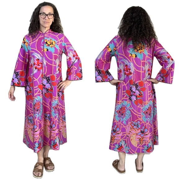 VINTAGE 1970s DAVID BROWN FLORAL ZIP ROBE LOUNGER KAFTAN MUMU DRESS Sz Medium - Picture 1 of 14